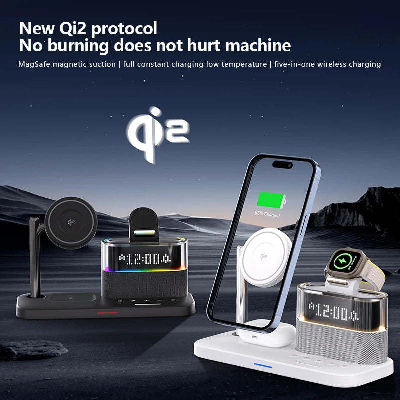 5 in 1 Magnetic Qi2 Wireless Charger with Alarm Clock