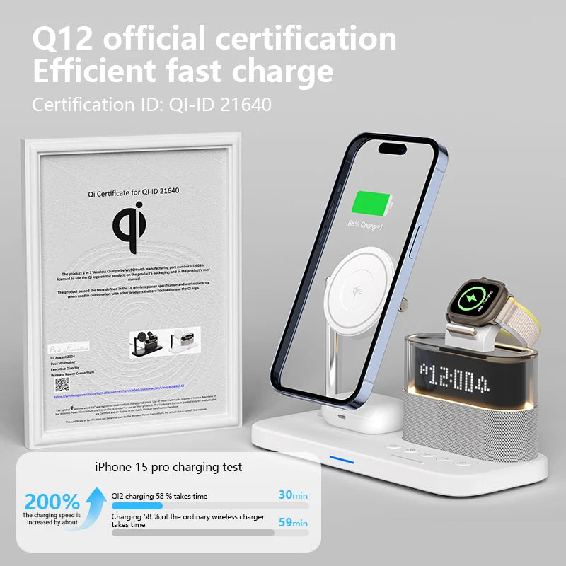 5 in 1 Magnetic Qi2 Wireless Charger with Alarm Clock
