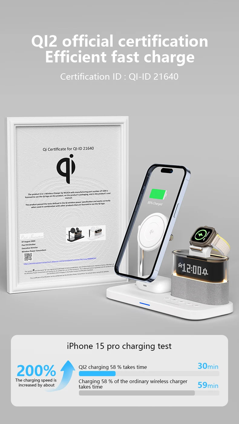5 in 1 Magnetic Qi2 Wireless Charger with Alarm Clock
