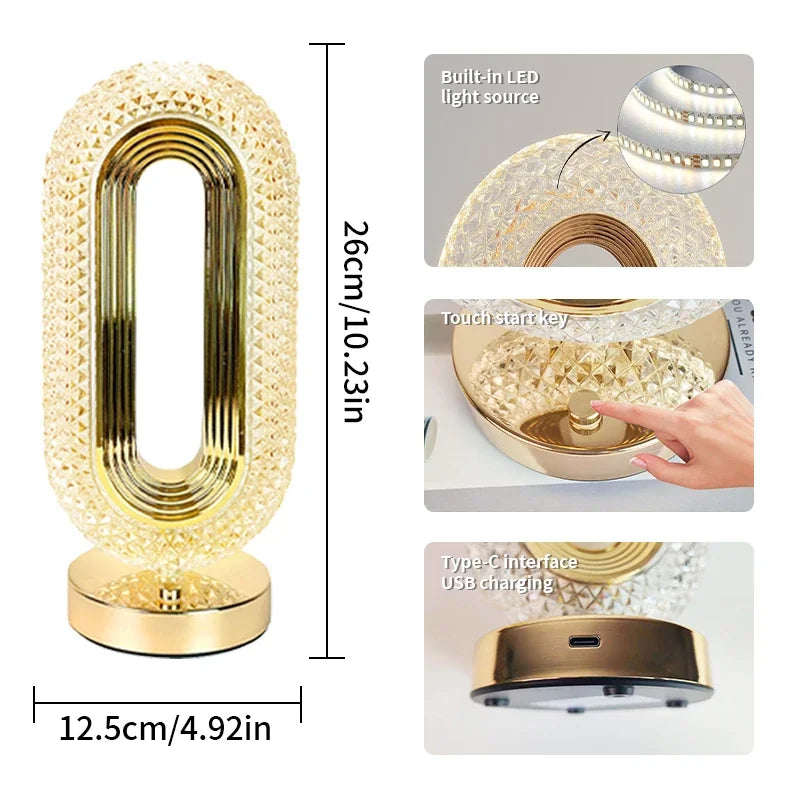 Modern Oval Style USB Rechargeable Crystal Table Lamp